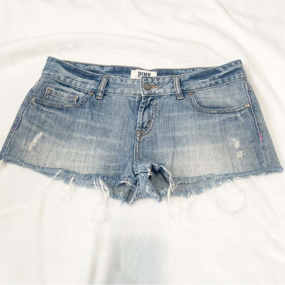 PINK Victorias Secret cheeky jean shorts distressed blue denim frayed size 6